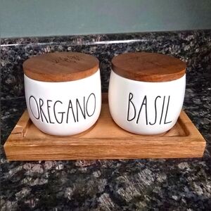 Rae Dunn White Oregano And Basil Herb Jars with Wooden Lids